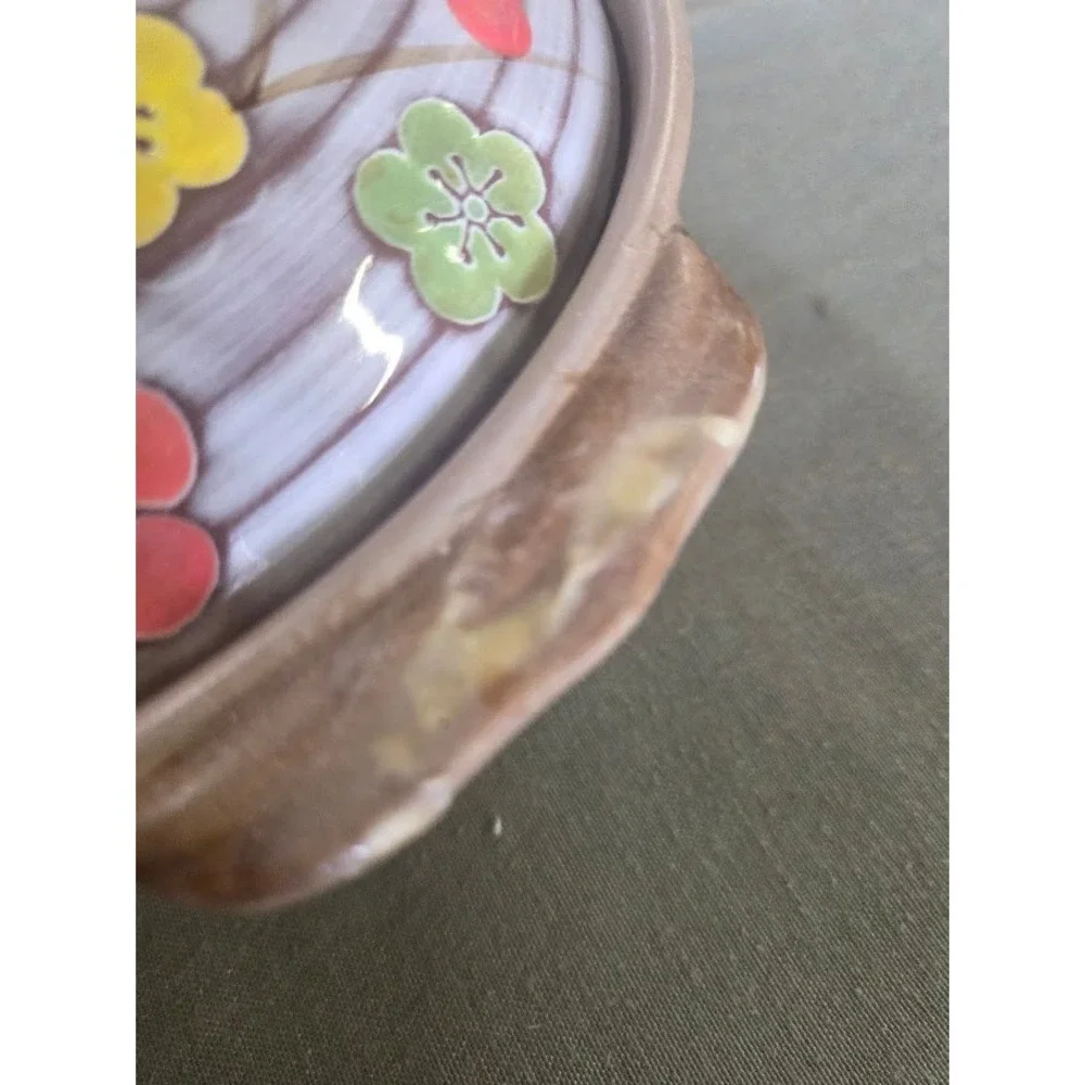 Vintage Japanese Donabe Clay Pot Floral Ceramic Casserole Dish with Lid Hot Pot
